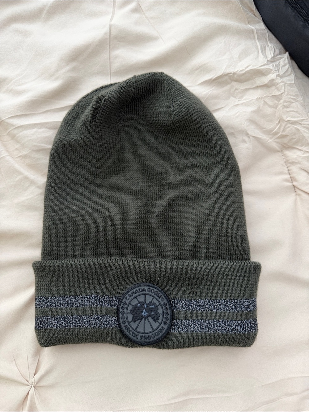 Canada Goose Olive Green Knit Cuffed Beanie with Reflective Stripe